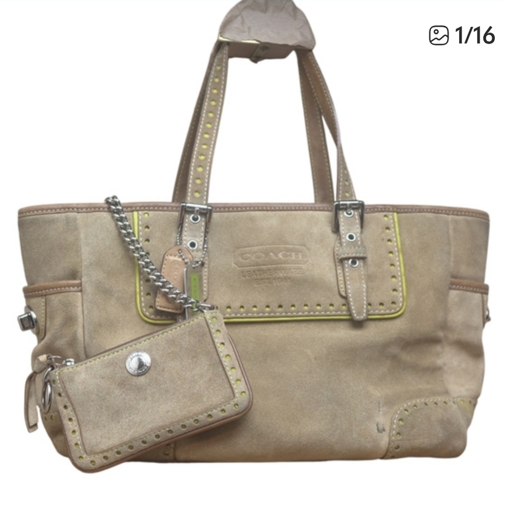 Coach Tan Suede Tote with Lime Trim and Coin Pouch